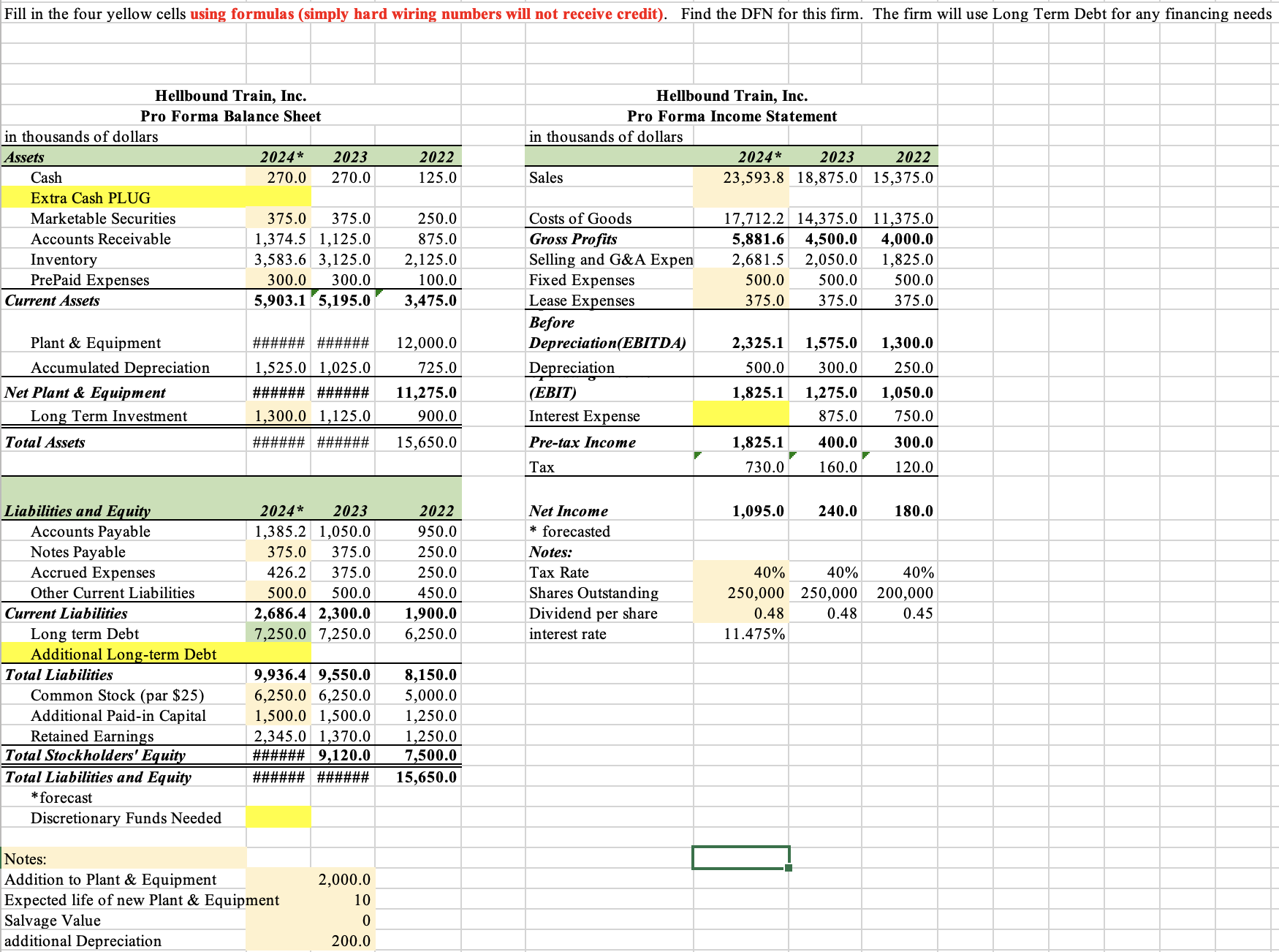 Fill in the four yellow cells using formulas (simply hard wiring numbers