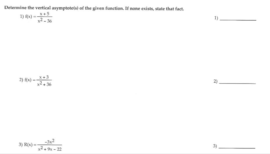 Determine the vertical asymptote(s) of the given function. If none exists, state
