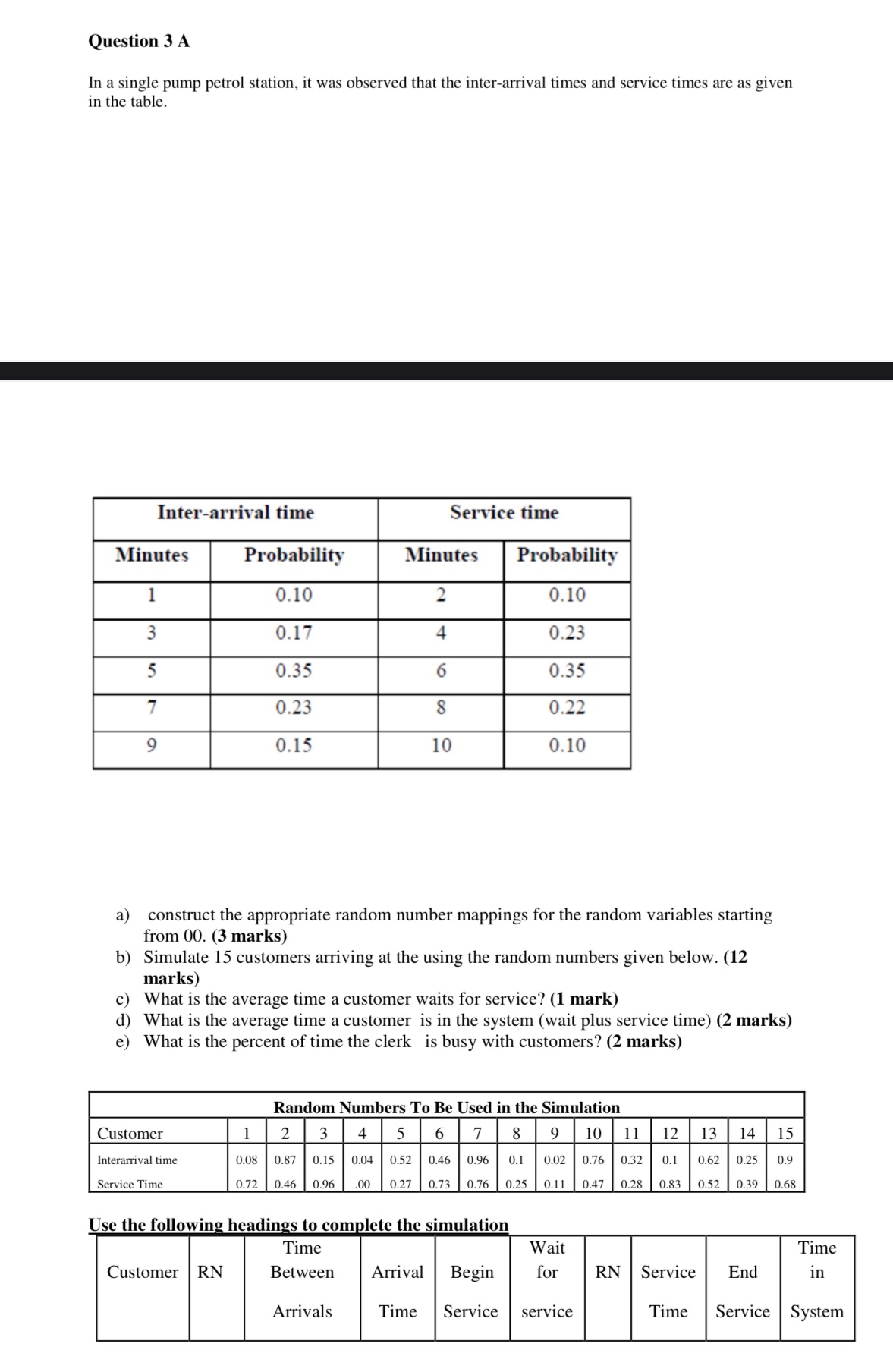Question 3 A In a single pump petrol station, it was observed