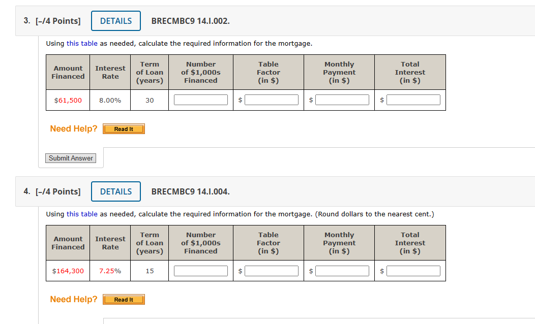 3. [-/4 Points] DETAILS BRECMBC9 14.1.002. Using this table as needed, calculate