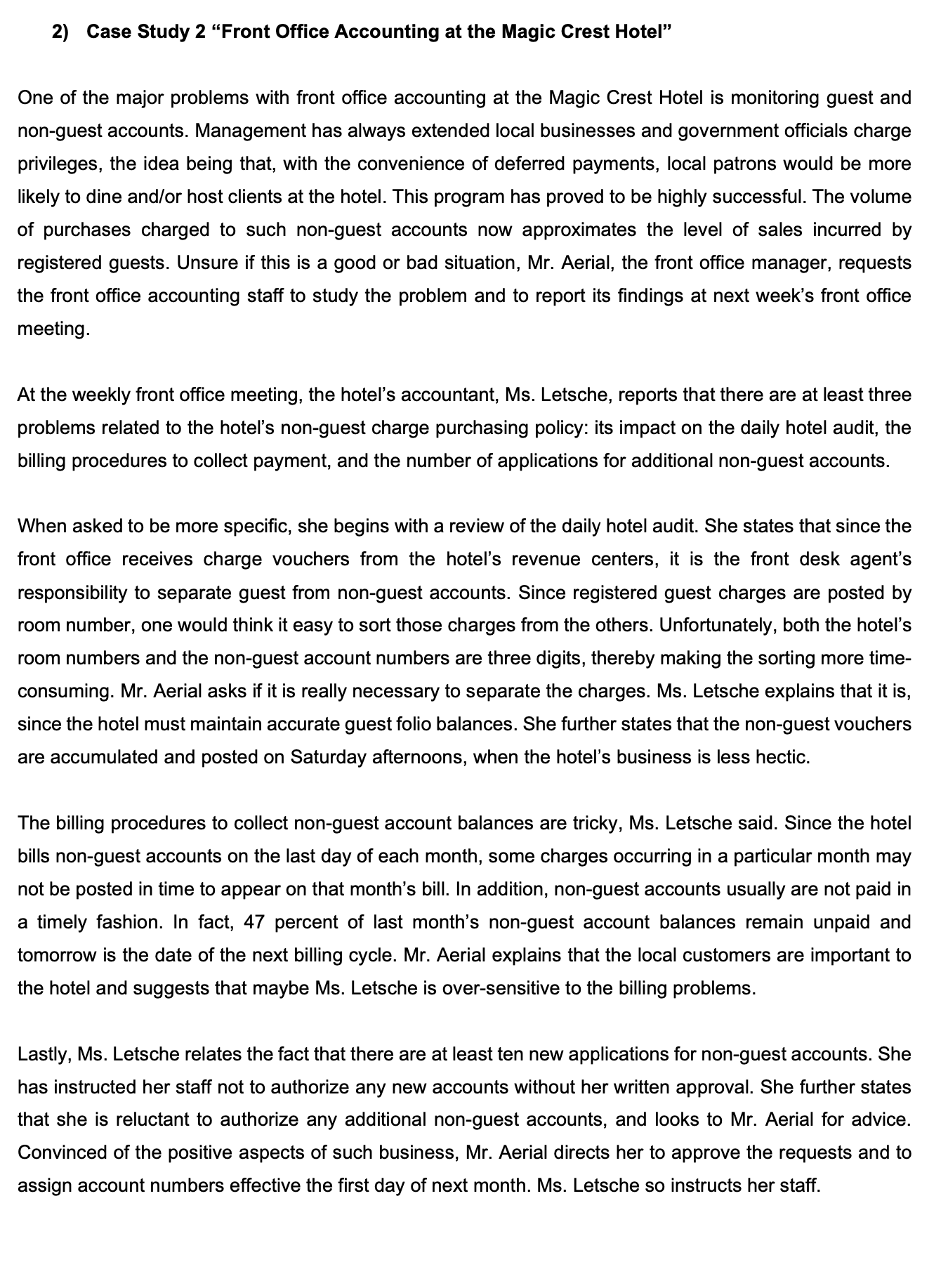 2) Case Study 2 "Front Office Accounting at the Magic Crest Hotel"