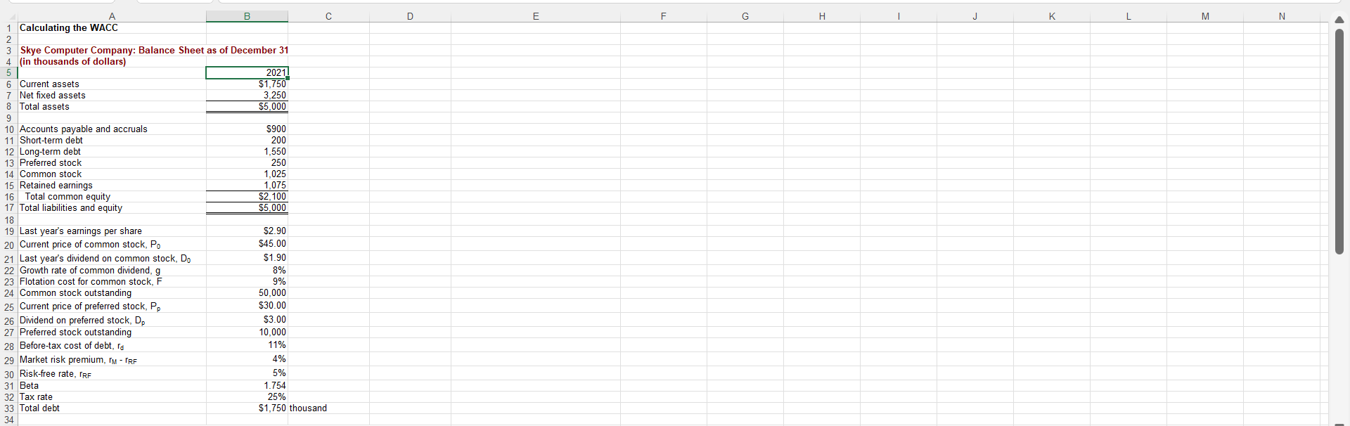 A B 1 Calculating the WACC 2 3 Skye Computer Company: Balance