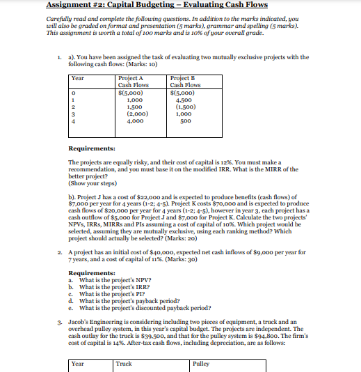 Assignment #2: Capital Budgeting - Evaluating Cash Flows Carefully read and complete