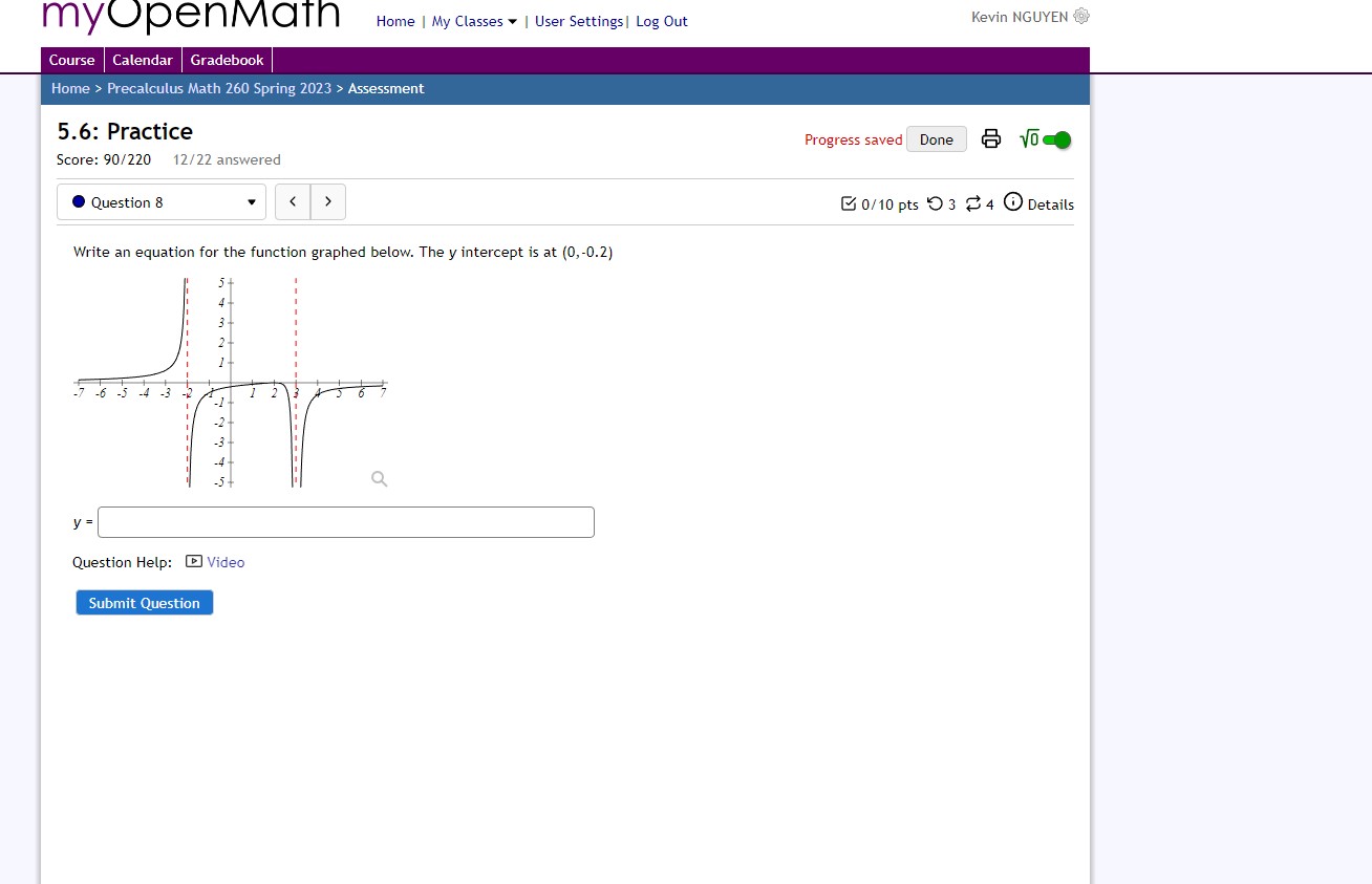 Home | My Classes | User Settings | Log Out myOpenMath Course