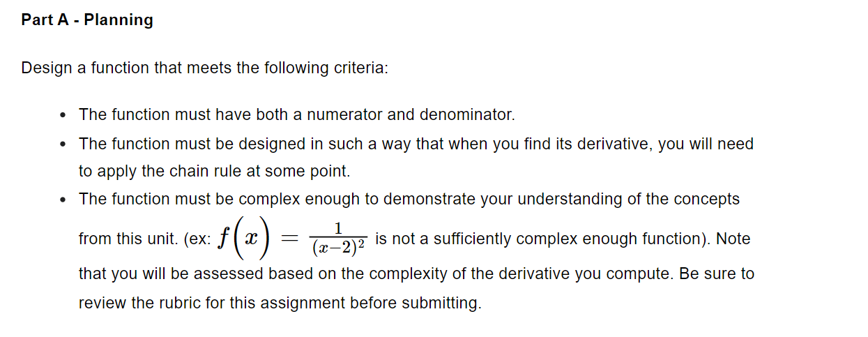 Part A Planning Design a function that meets the following criteria: The