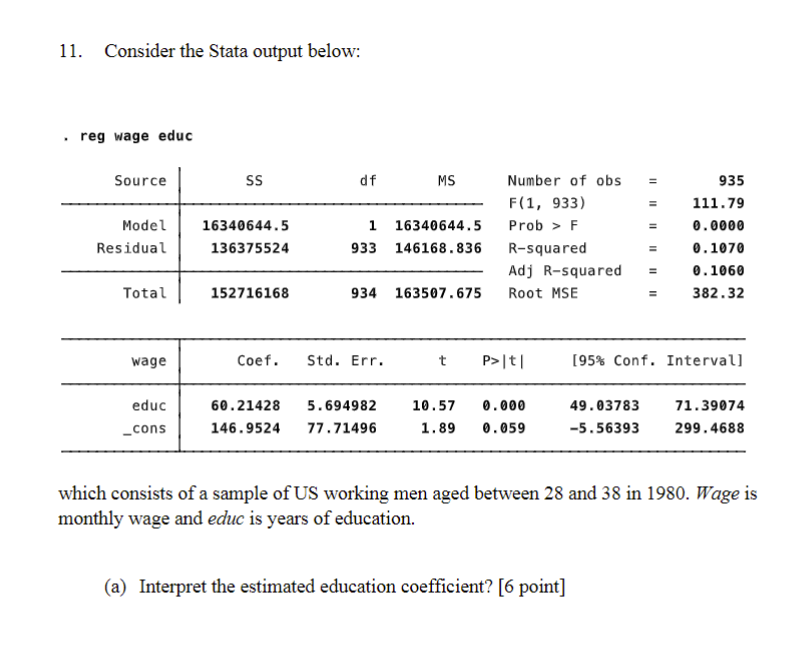 11. Consider the Stata output below: reg wage educ Source SS df