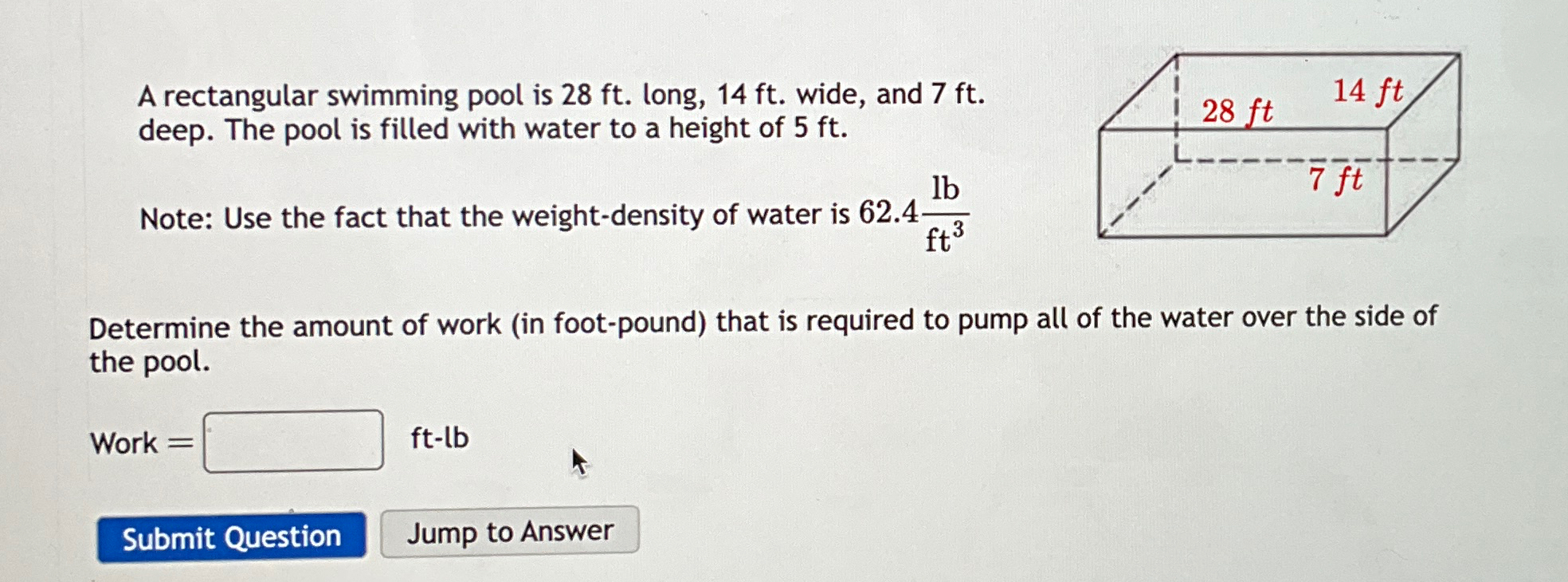 A rectangular swimming pool is 28 ft. long, 14 ft. wide, and