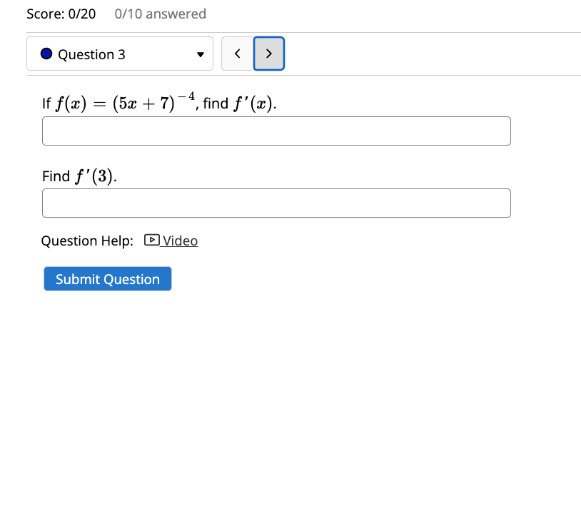 0/20 0/10 answered Question 1 Find d dx -(7 ln(x)) Question Help:
