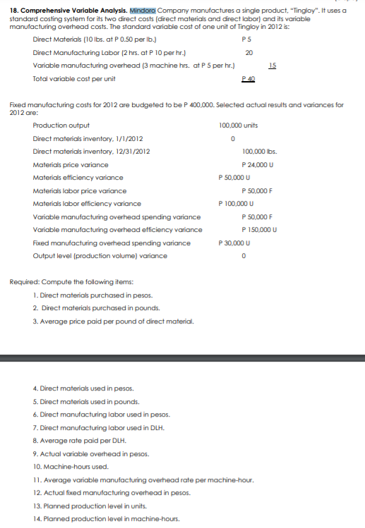 18. Comprehensive Variable Analysis. Mindoro Company manufactures a single product, "Tingloy". It