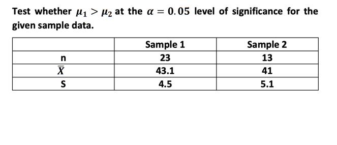 Test whether > at the = 0.05 level of significance for the