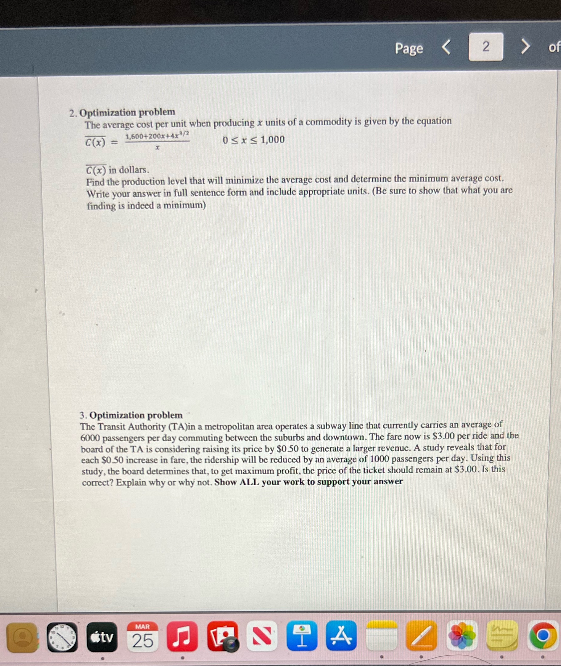 Page < 2 of 2. Optimization problem The average cost per unit