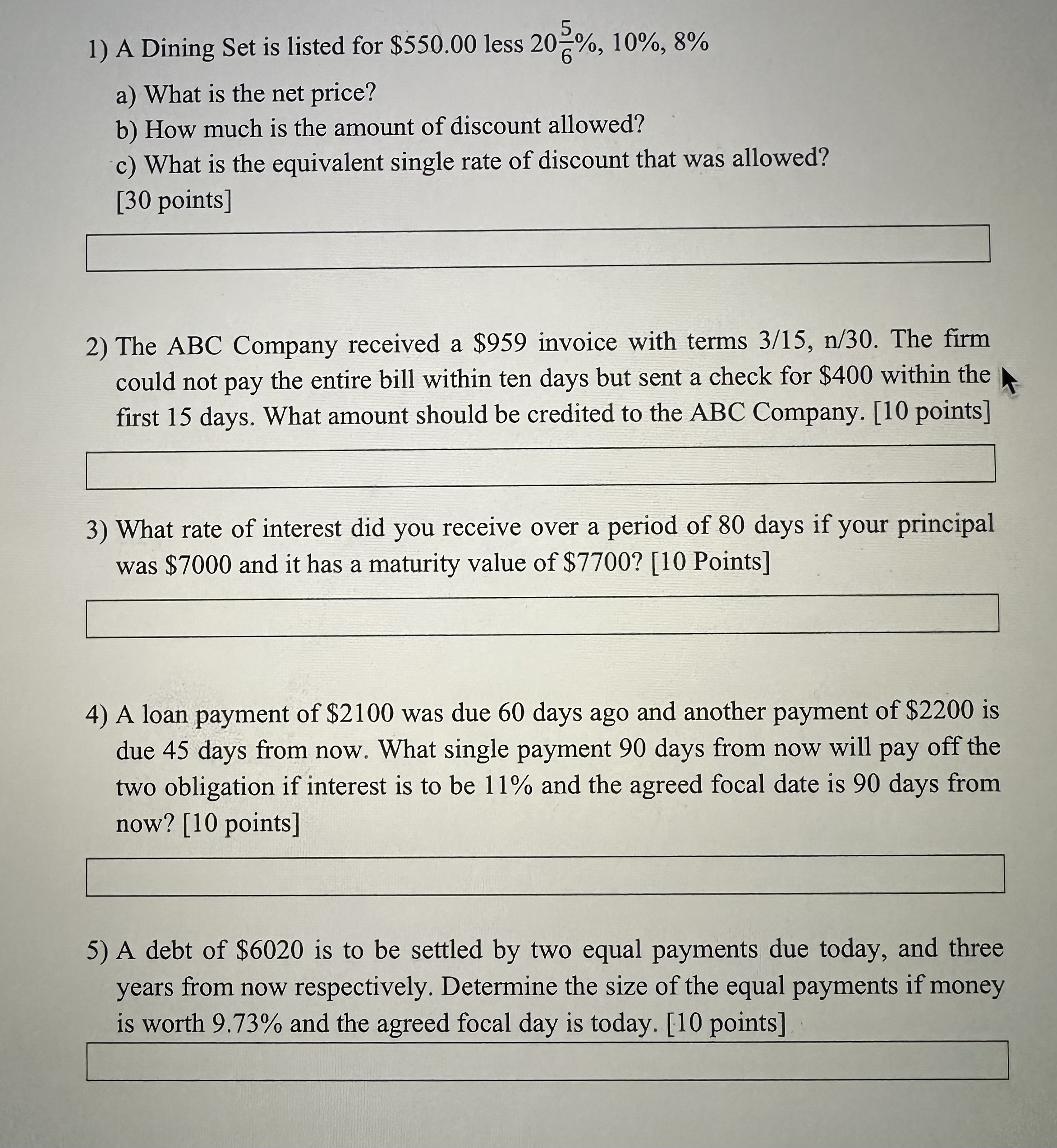 1) A Dining Set is listed for $550.00 less 20%, 10%, 8%