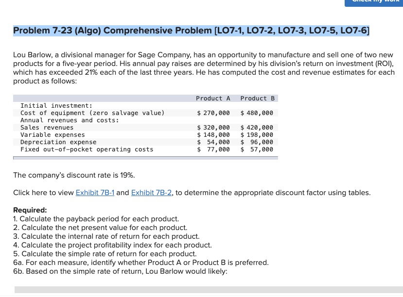 Problem 7-23 (Algo) Comprehensive Problem [LO7-1, LO7-2, LO7-3, L07-5, LO7-6] Lou Barlow,