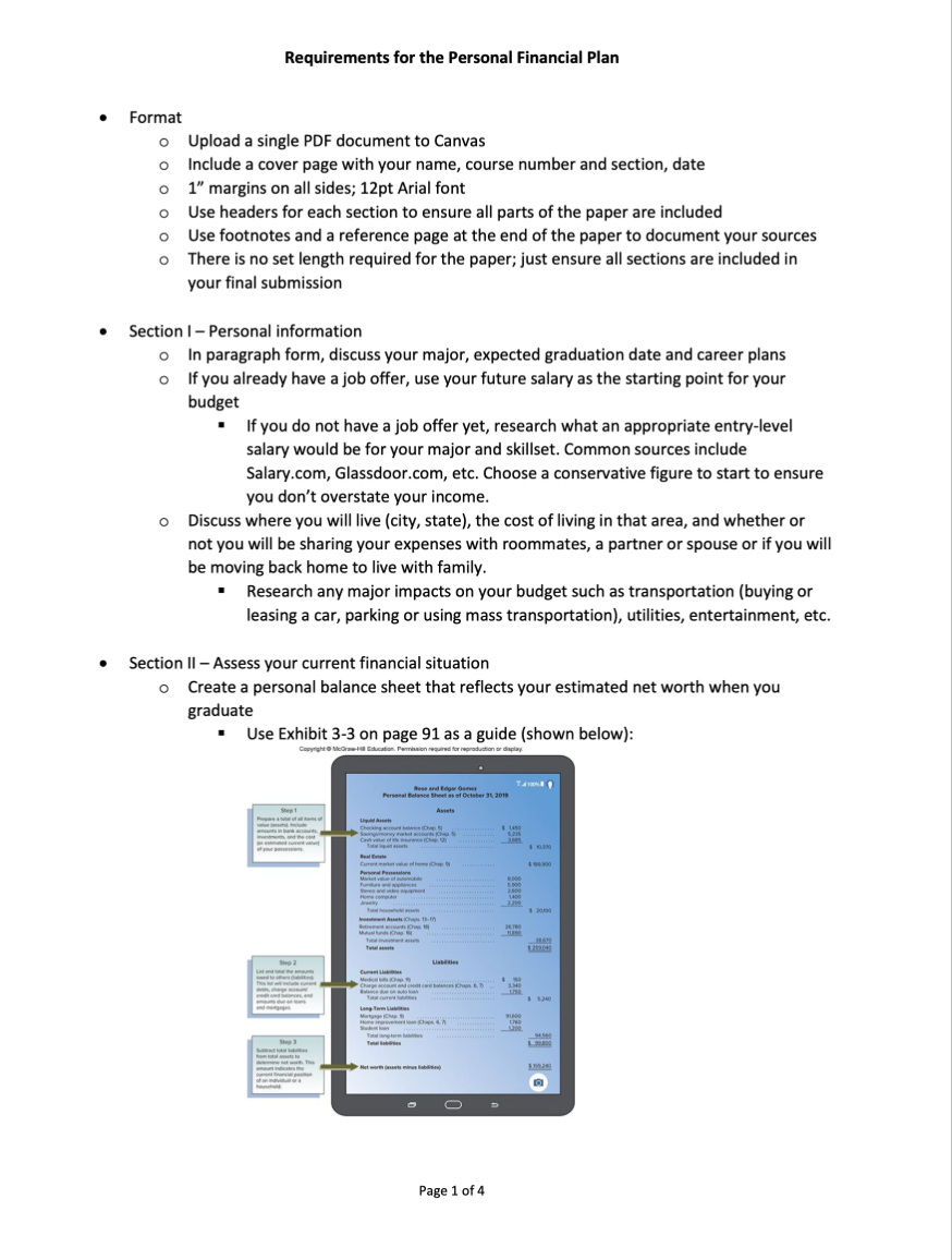 Requirements for the Personal Financial Plan Format o Upload a single PDF