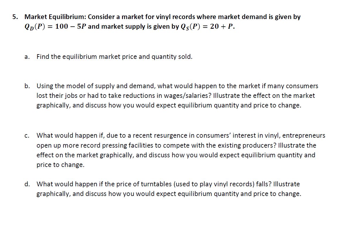 5. Market Equilibrium: Consider a market for vinyl records where market demand