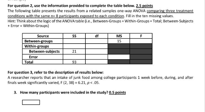 For question 2, use the information provided to complete the table below.