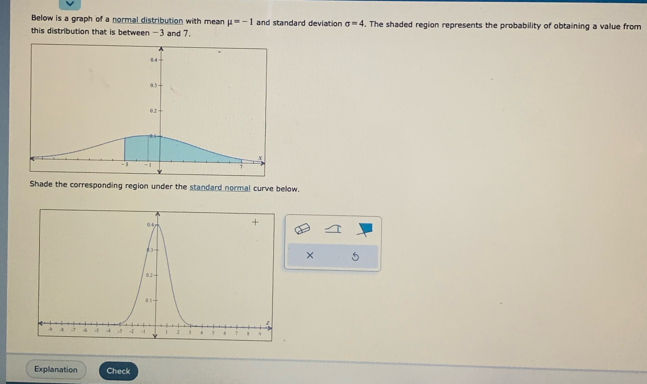 Below is a graph of a normal distribution with mean = -1