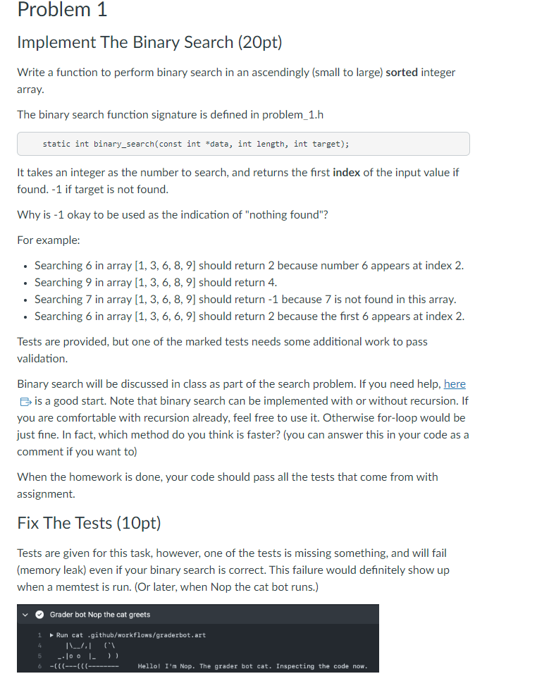 Problem 1 Implement The Binary Search (20pt) Write a function to perform