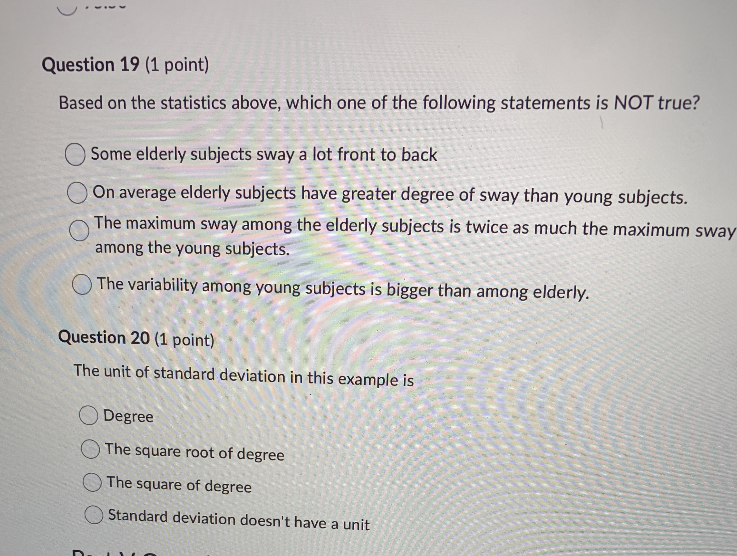 describes the degree of front to back sway in two groups of
