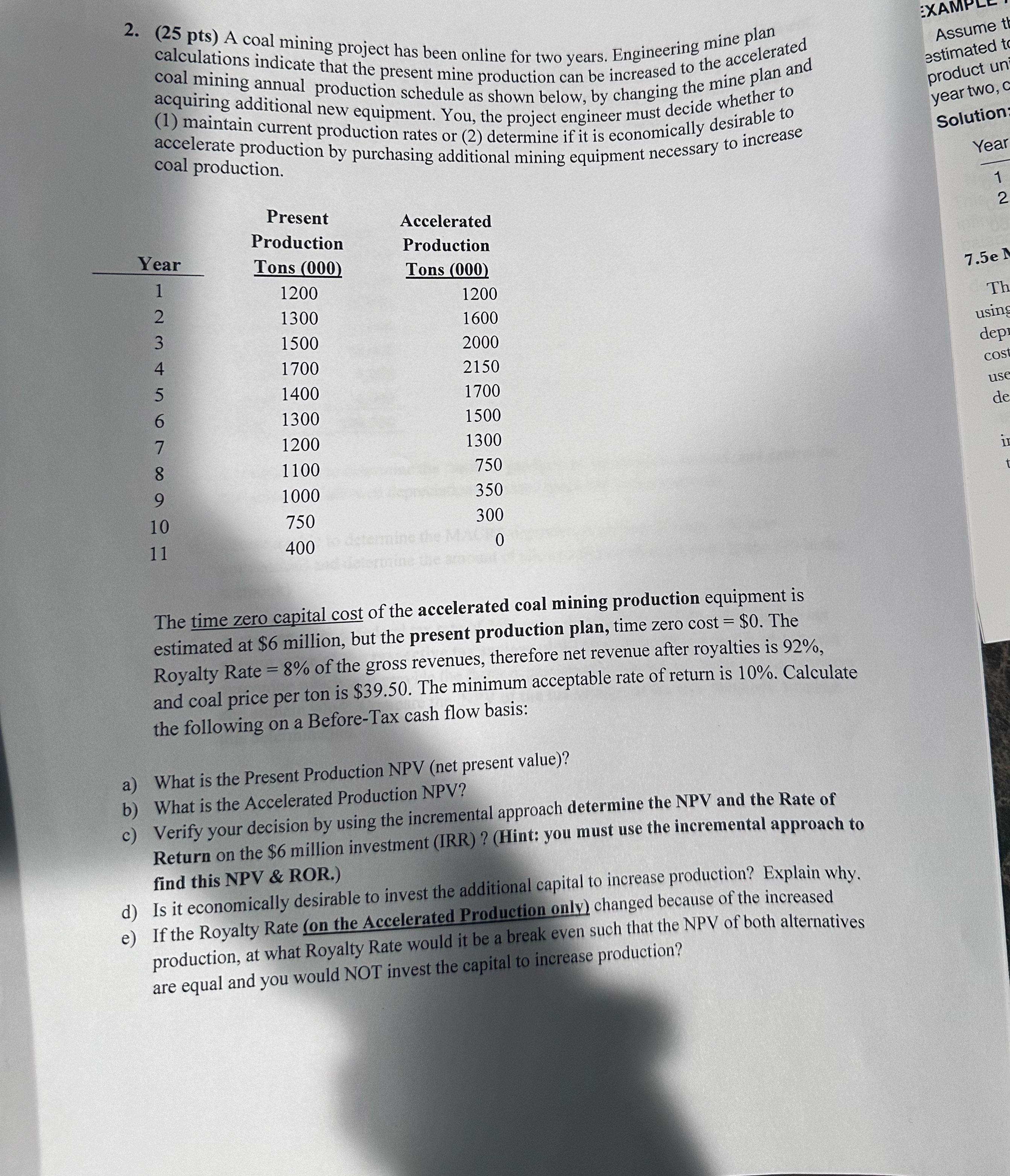 2. (25 pts) A coal mining project has been online for two