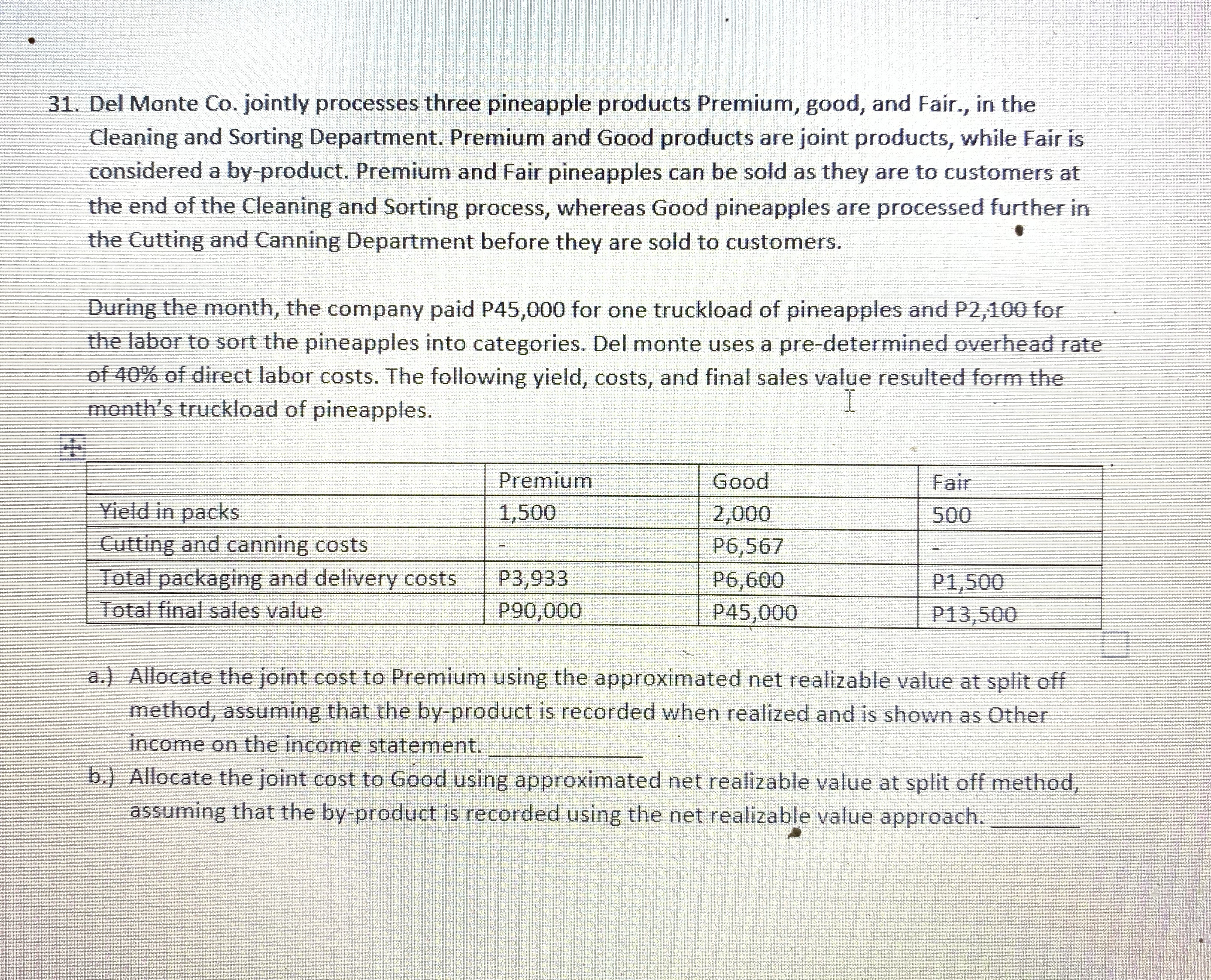 31. Del Monte Co. jointly processes three pineapple products Premium, good, and