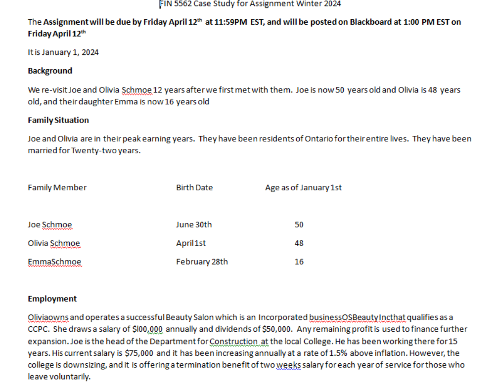 FIN 5562 Case Study for Assignment Winter 2024 The Assignment will be