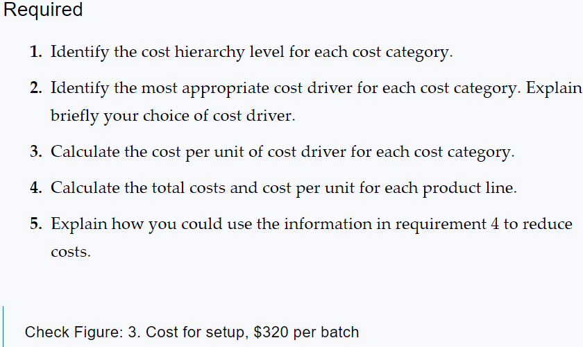 Required 1. Identify the cost hierarchy level for each cost category. 2.