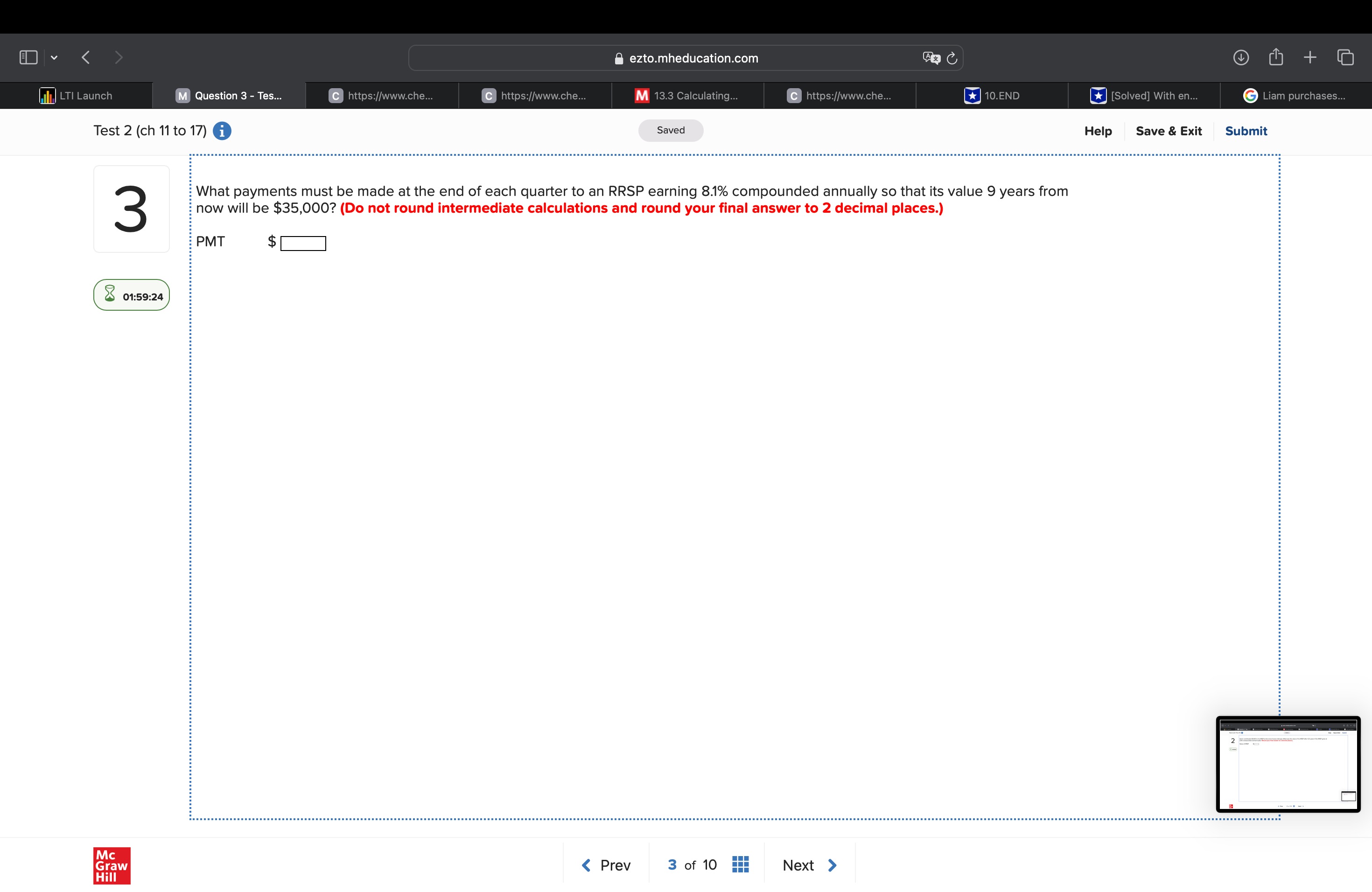 LTI Launch ezto.mheducation.com M Question 3 - Tes... Chttps://www.che... C https://www.che... M