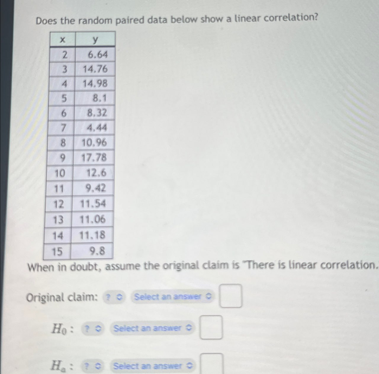 Does the random paired data below show a linear correlation? X y