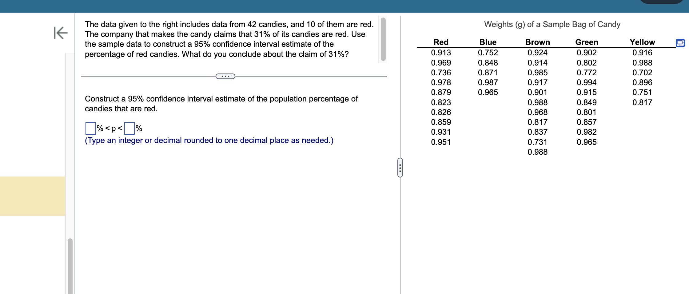 K The data given to the right includes data from 42 candies,