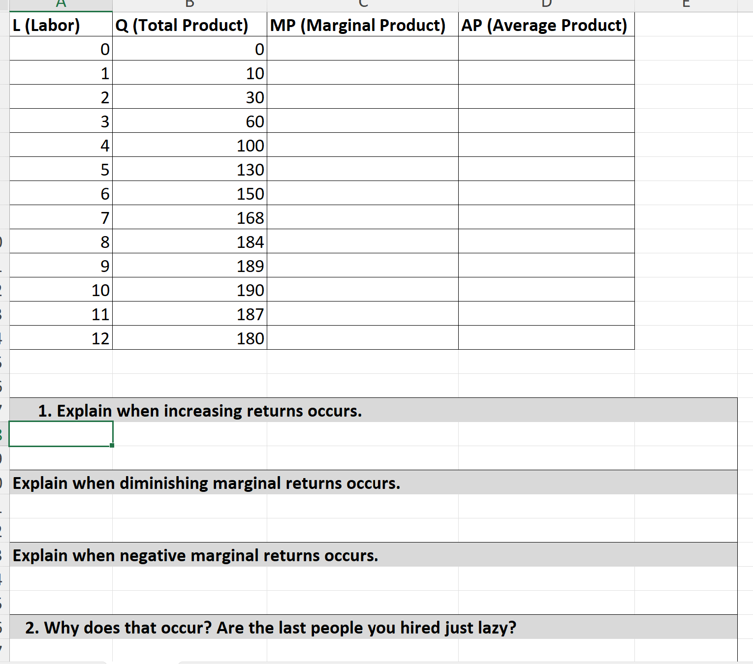 A L (Labor) Q (Total Product) 0 0 1 10 2 30
