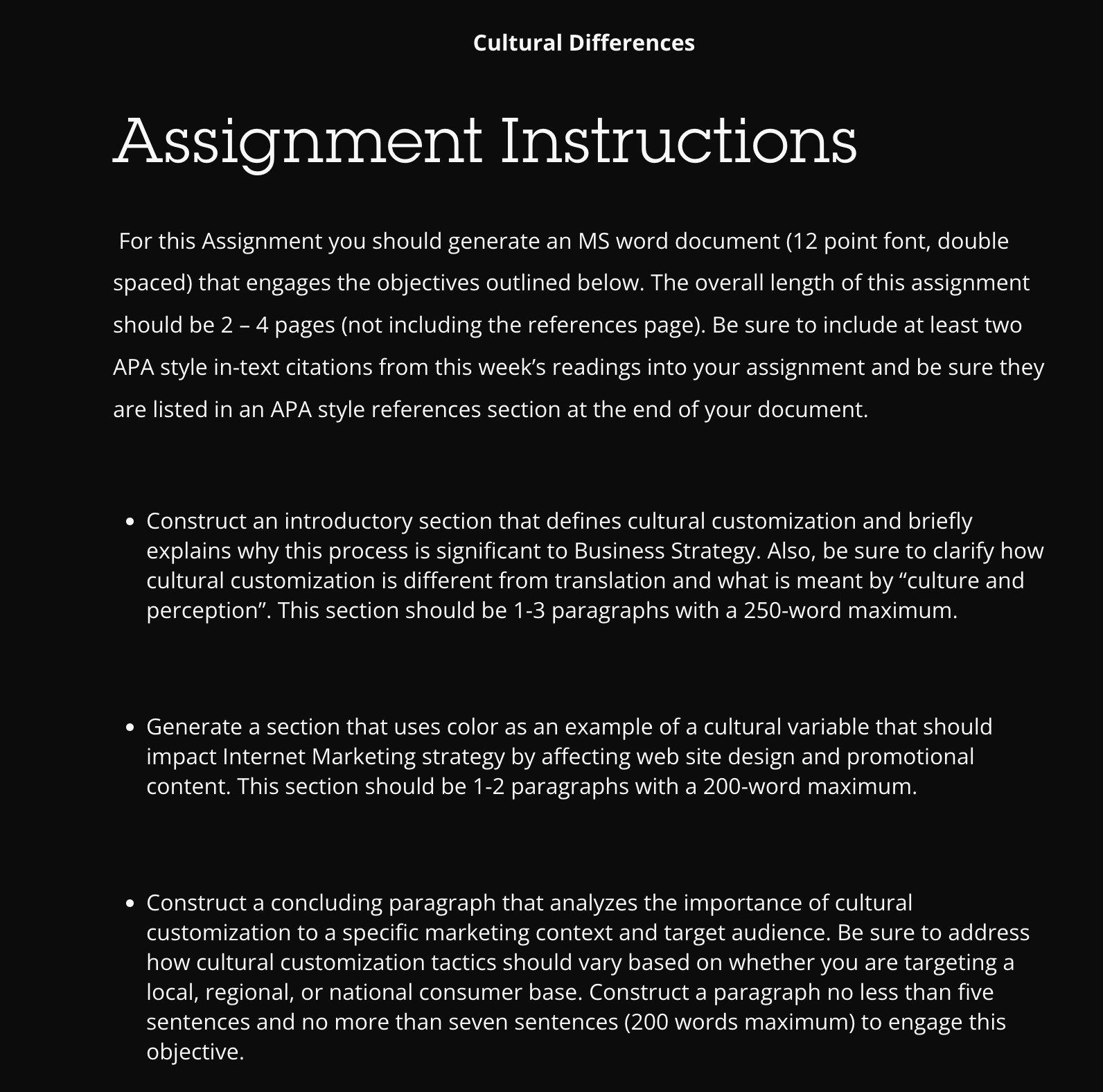 Cultural Differences Assignment Instructions For this Assignment you should generate an MS