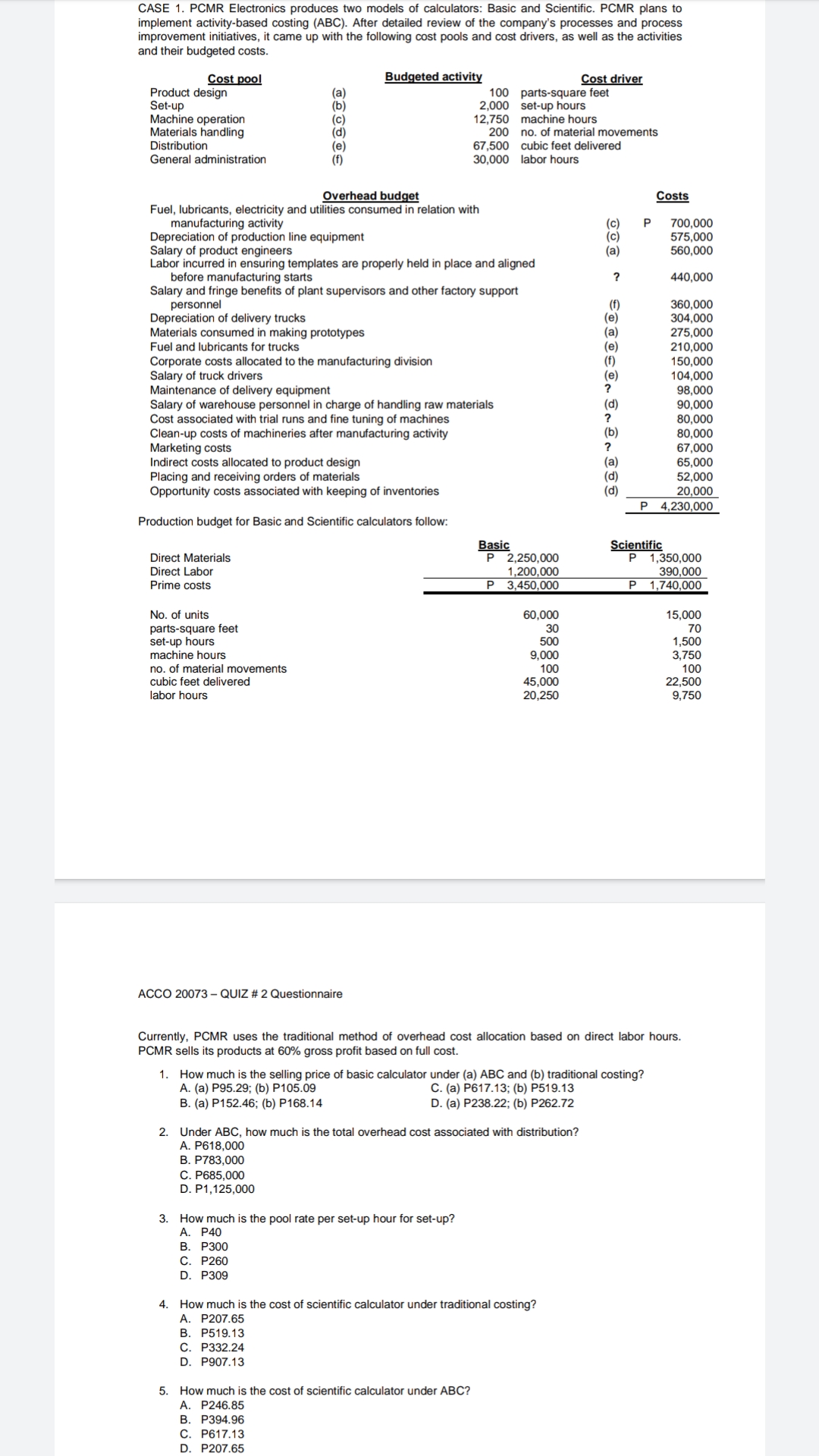 CASE 1. PCMR Electronics produces two models of calculators: Basic and Scientific.