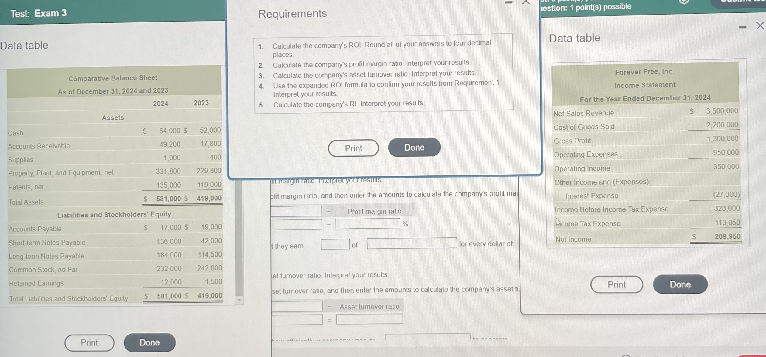 Test: Exam 3 Data table Requirements estion: 1 point(s) possible 1. Calculate