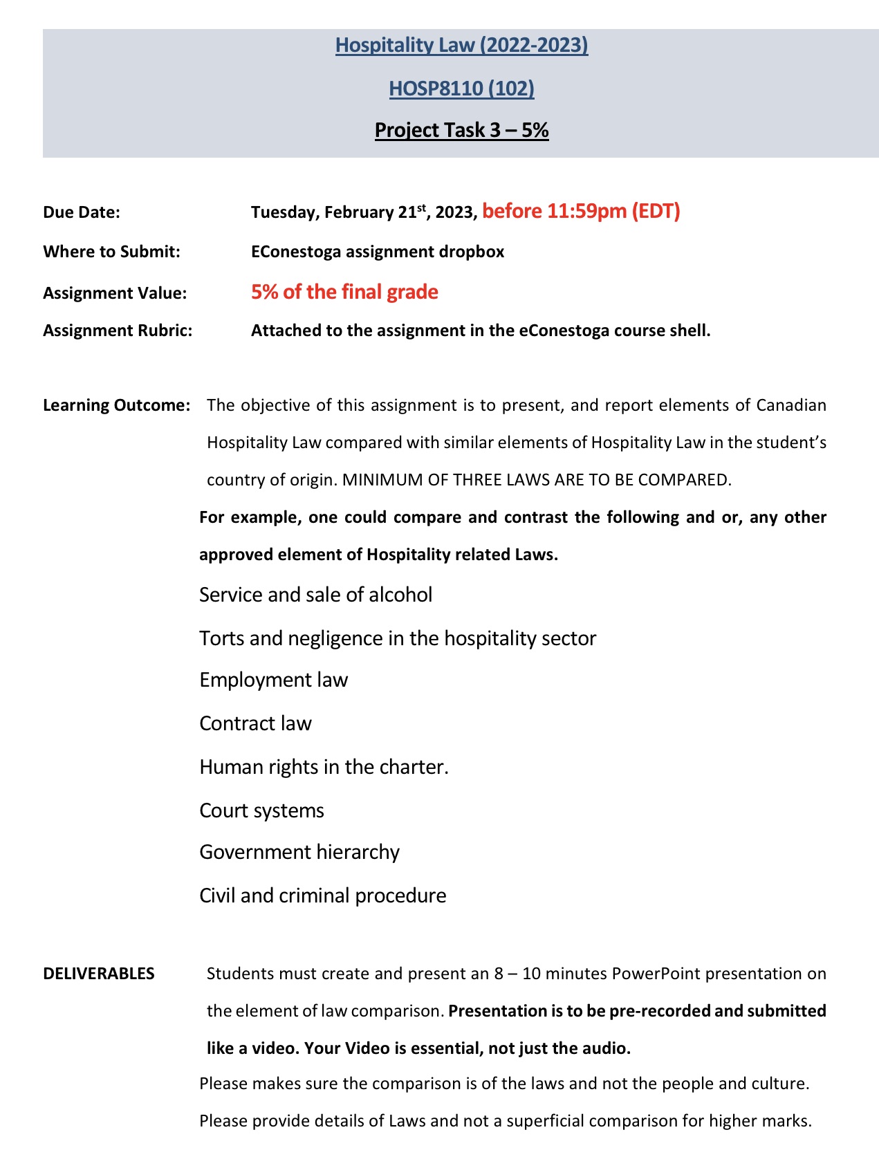 Hospitality Law (2022-2023) HOSP8110 (102) Project Task 3 - 5% Due Date: