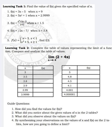 Learning Task 1: Find the value of f(x) given the specified value