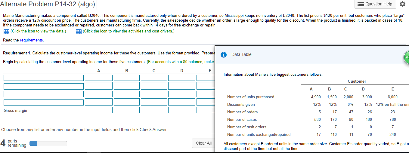 Alternate Problem P14-32 (algo) Question Help Maine Manufacturing makes a component called
