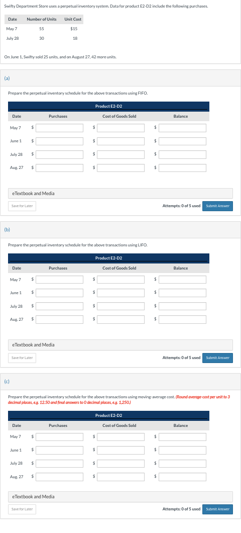 Swifty Department Store uses a perpetual inventory system. Data for product E2-D2