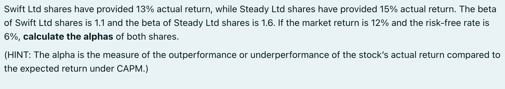 Swift Ltd shares have provided 13% actual return, while Steady Ltd shares