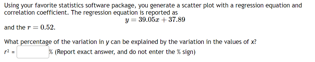 a regression equation and correlation coefficient. The regression equation is reported as