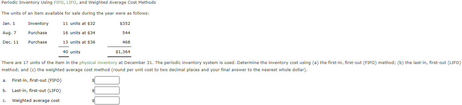 Periodic Inventory Using FIFO, LIFO, and Weighted Average Cost Methods The units