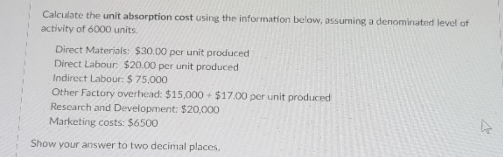 Calculate the unit absorption cost using the information below, assuming a denominated