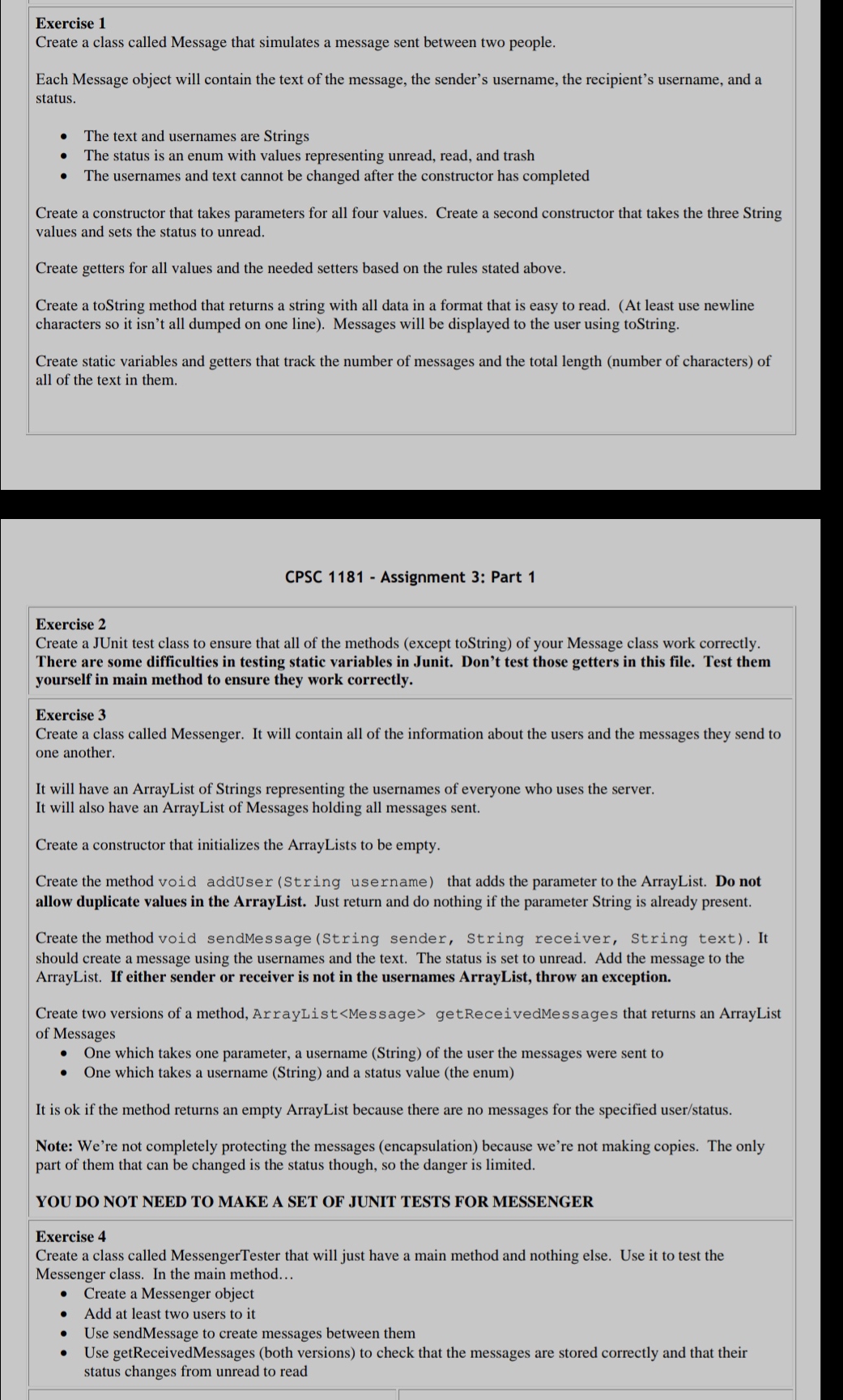 Exercise 1 Create a class called Message that simulates a message sent