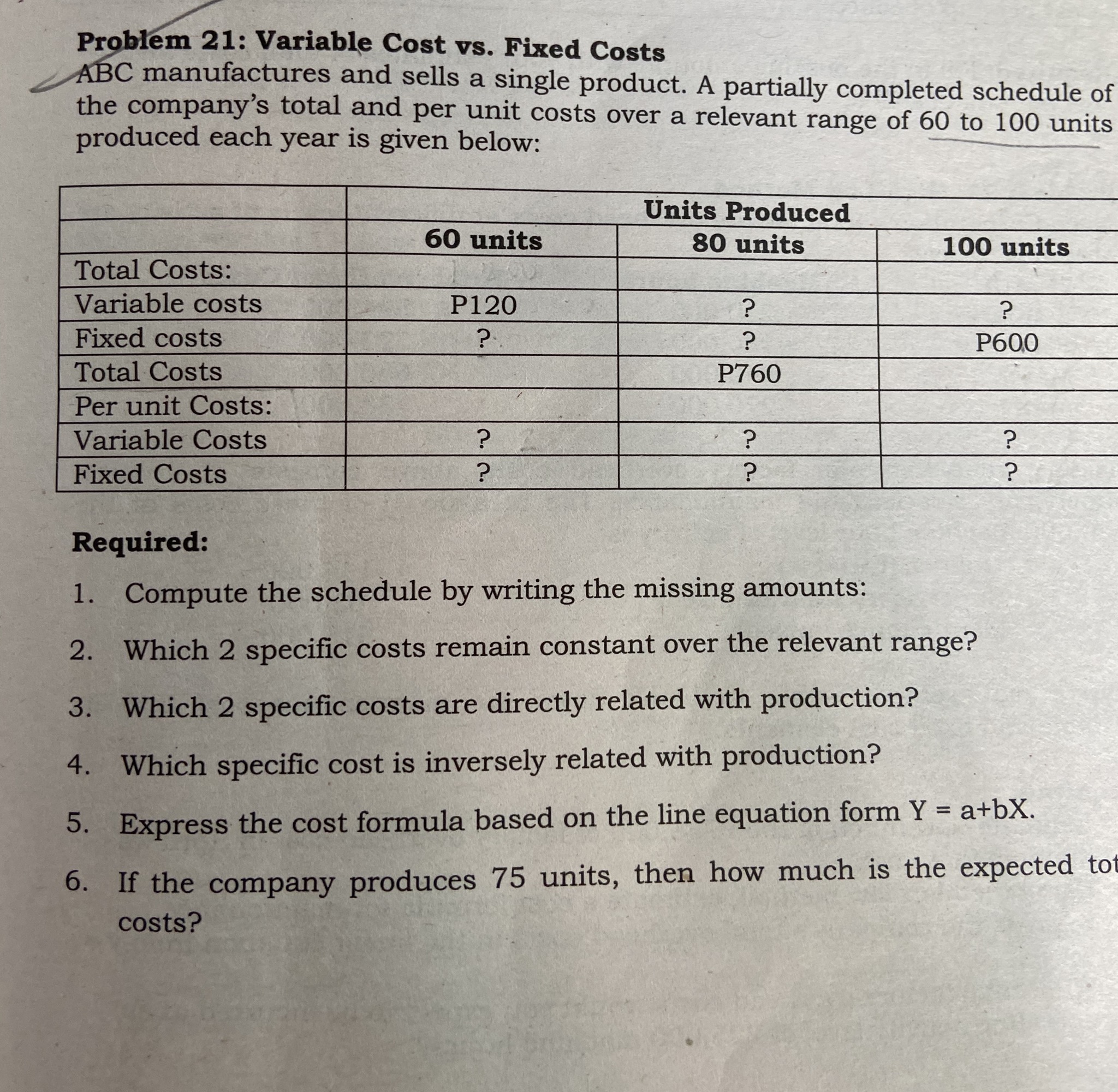 Problem 21: Variable Cost vs. Fixed Costs ABC manufactures and sells a
