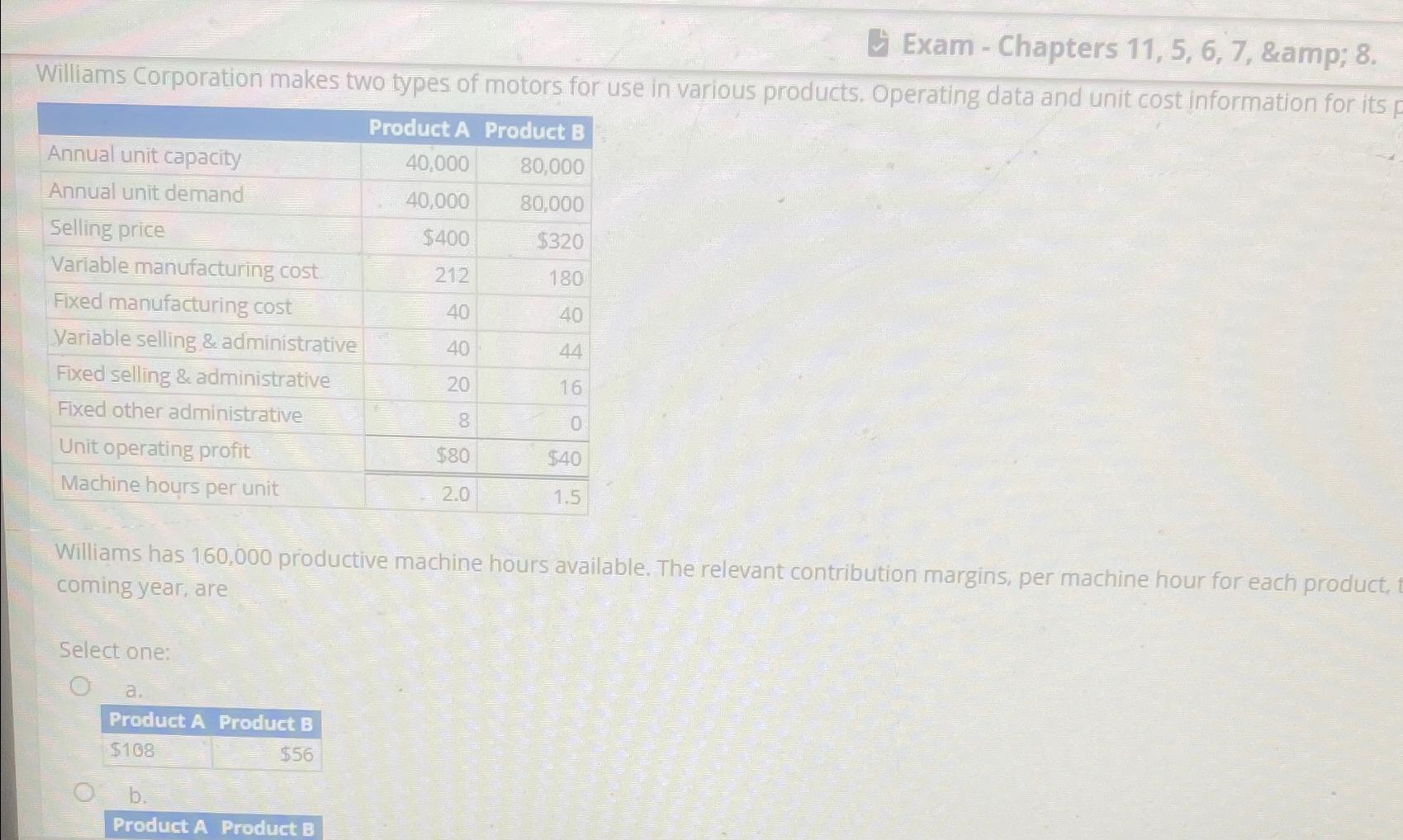 Exam - Chapters 11, 5, 6, 7, & 8. Williams Corporation makes