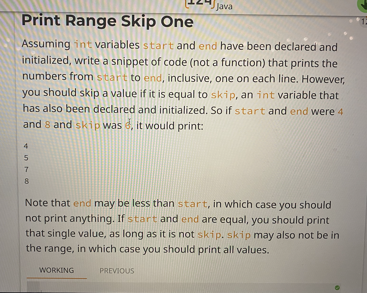 Print Range Skip One Java Assuming int variables start and end have