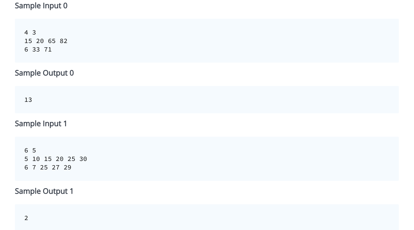Sample Input 0 4 3 15 20 65 82 6 33 71