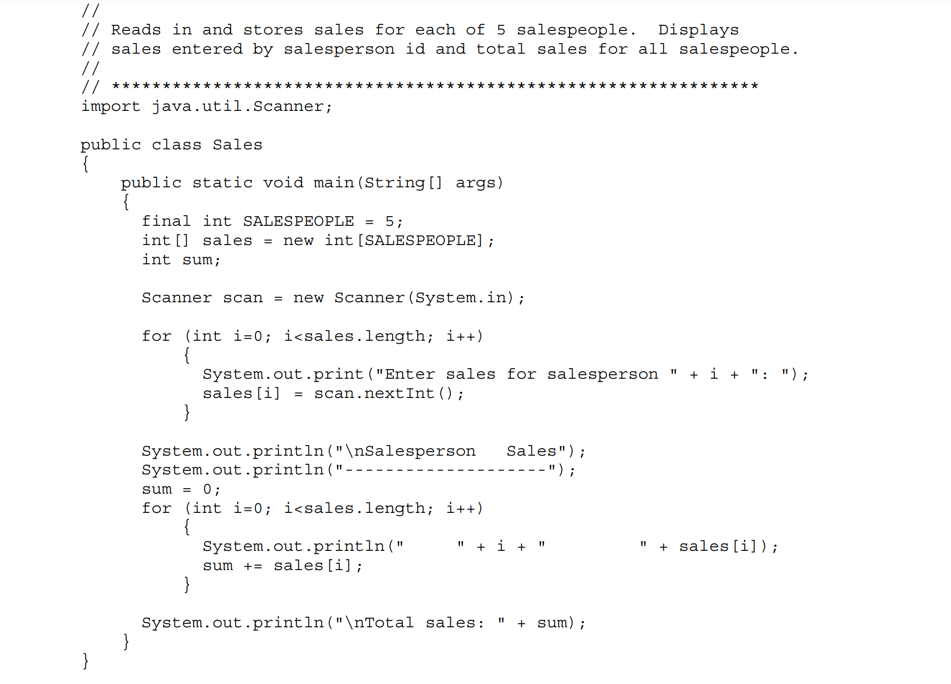 the sales for each of 5 salespeople in a company. It then
