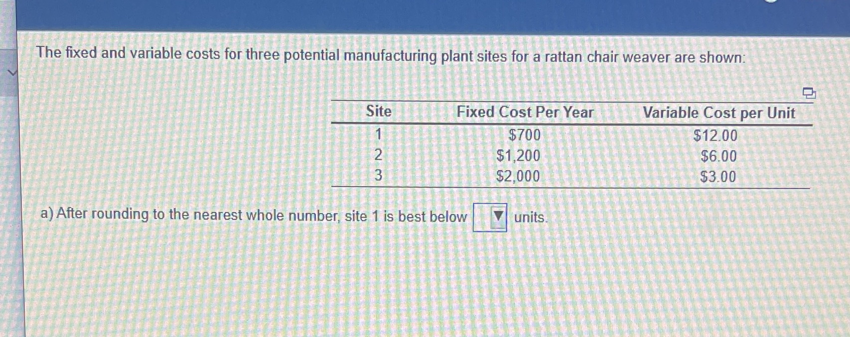 The fixed and variable costs for three potential manufacturing plant sites for