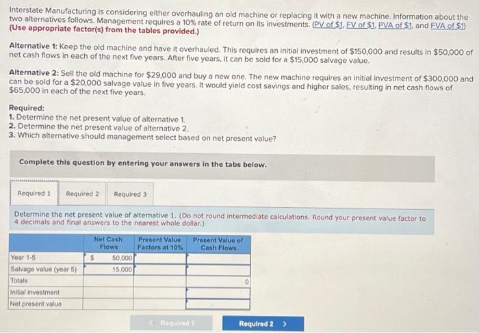 Interstate Manufacturing is considering either overhauling an old machine or replacing it